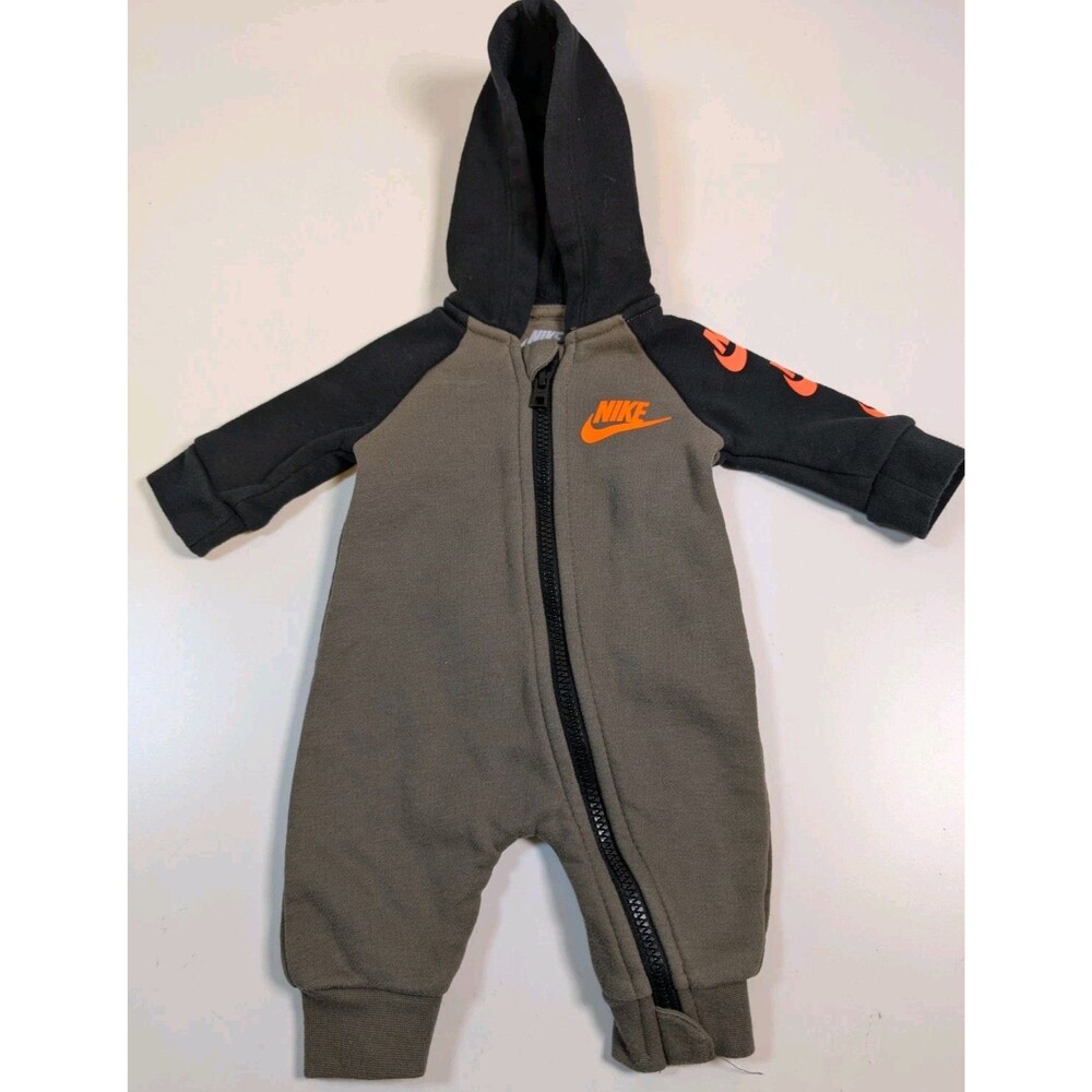 Nike Baby Boy Hooded Coverall ~ Olive Green, Black & Orange ~ Newborn